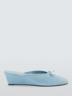 John Lewis Daisy Suede Wedge Heel Bow Detail Open Court Shoes, Blue Stone, Blue Stone