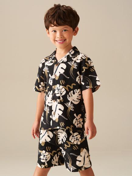 Angel & Rocket Kids' Cotton Rich Short Sleeved Leaf Print Shirt, Black, Black
