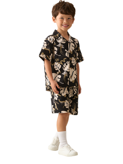 Angel & Rocket Kids' Cotton Rich Short Sleeved Leaf Print Shirt, Black - view 2, Black