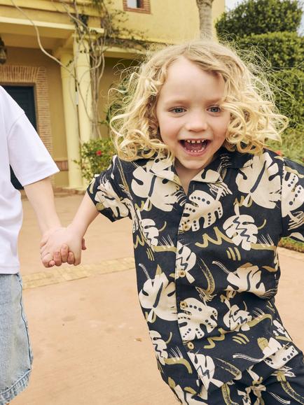 Angel & Rocket Kids' Cotton Rich Short Sleeved Leaf Print Shirt, Black - view 2, Black