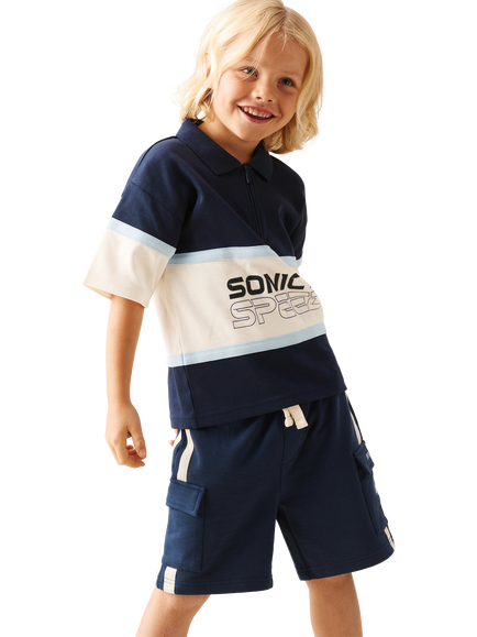 Angel & Rocket Kids' x Sonic Blocked Polo Shirt, Navy - view 2, Navy