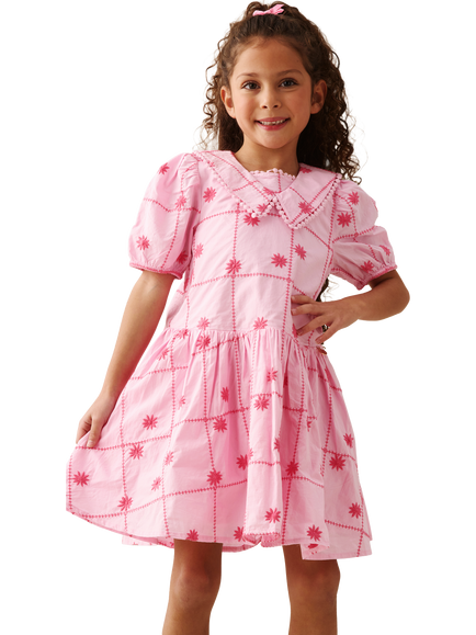 Angel & Rocket Kids' Cotton Embroidered Puff Sleeve Dress, Pink, Pink