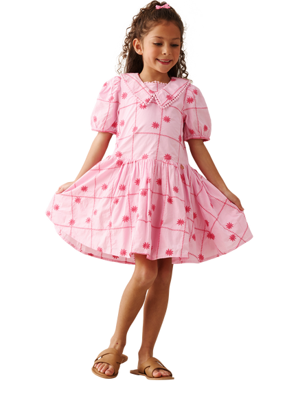 Angel & Rocket Kids' Cotton Embroidered Puff Sleeve Dress, Pink - view 2, Pink