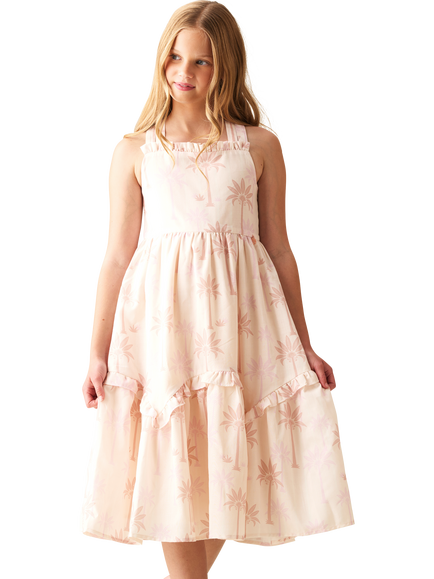 Angel & Rocket Kids' Palm Print Tiered Dress, Natural, Natural