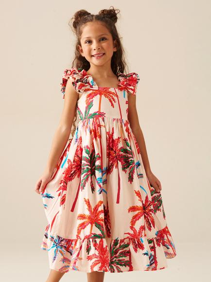 Angel & Rocket Kids' Cotton Ruffle Strap Palm Print Dress, Multi, Multi
