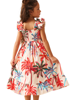 Angel & Rocket Kids' Cotton Ruffle Strap Palm Print Dress, Multi - view 2, Multi