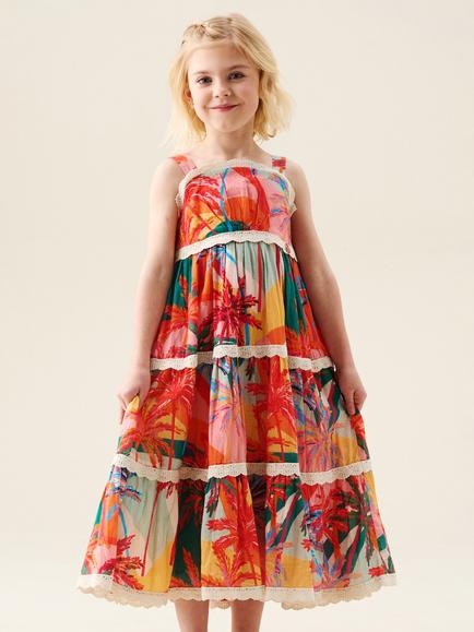 Angel & Rocket Kids' Kinsley Palm Print Lace Trim Tiered Dress, Multi, Multi