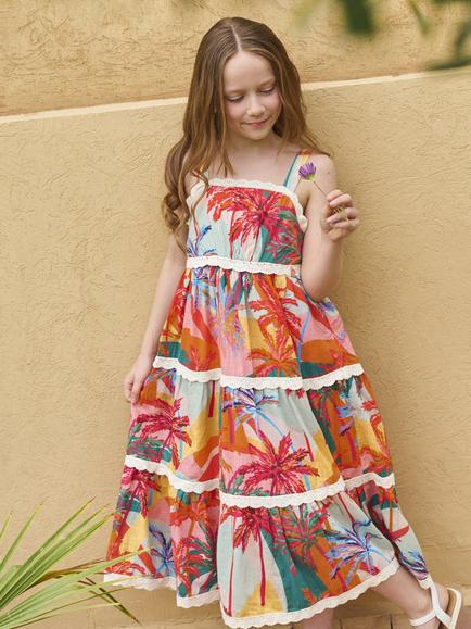 Angel & Rocket Kids' Kinsley Palm Print Lace Trim Tiered Dress, Multi - view 2, Multi