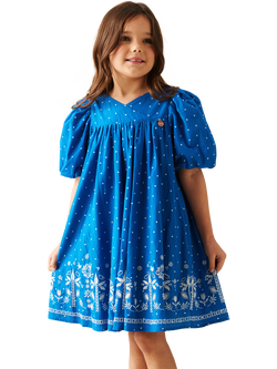 Angel & Rockets Kids' Palm Embroidered Polka Dot Swing Dress, Blue/White, Blue/White