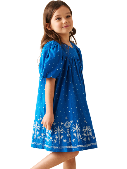 Angel & Rockets Kids' Palm Embroidered Polka Dot Swing Dress, Blue/White - view 2, Blue/White