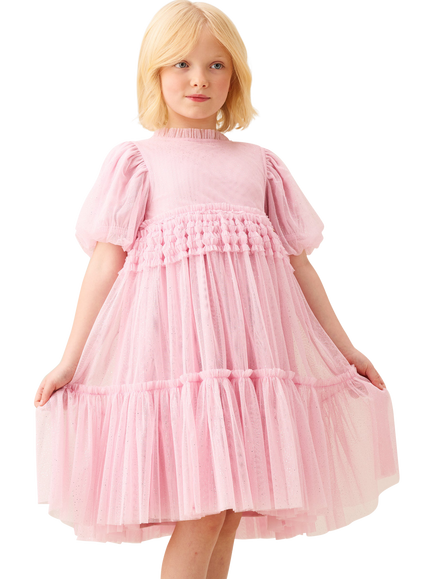 Angel & Rocket Kids' Puff Sleeve Ruffle Mesh Dress, Pink, Pink