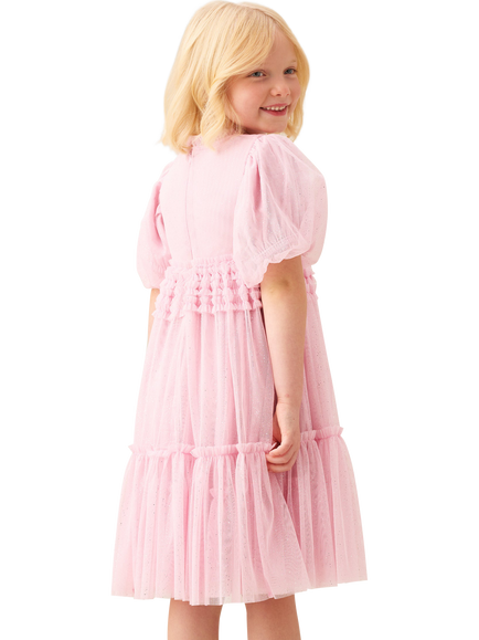 Angel & Rocket Kids' Puff Sleeve Ruffle Mesh Dress, Pink - view 2, Pink