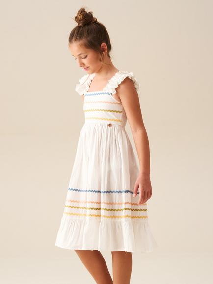 Angel & Rocket Kids' Ruffle Sleeve Ric Rac Maxi Dress, Ivory, Ivory