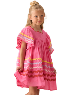 Angel & Rocket Kids' Cotton Short Sleeved Ric Rac Dress, Pink, Pink