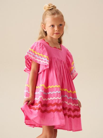 Angel & Rocket Kids' Cotton Short Sleeved Ric Rac Dress, Pink, Pink