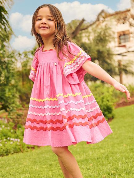 Angel & Rocket Kids' Cotton Short Sleeved Ric Rac Dress, Pink - view 2, Pink