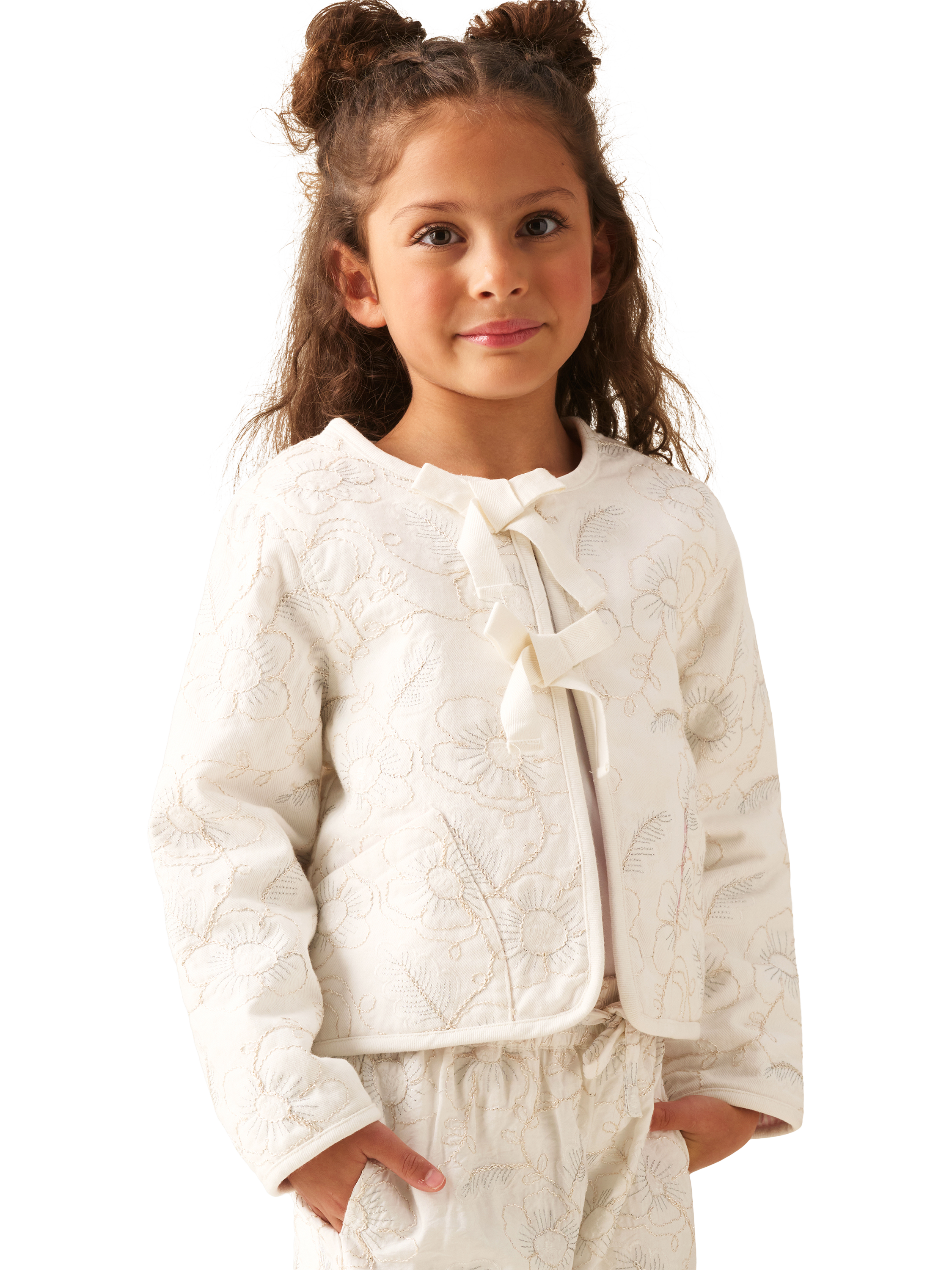 Product image 1 of 6, which shows Angel & Rocket Kids' Embroidered Tie Front Jacket, White, 3-4 years