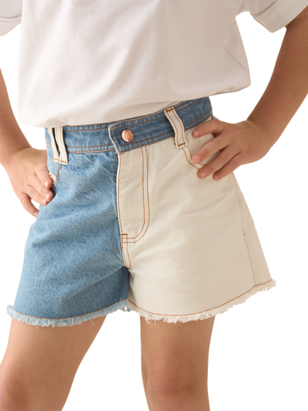 Angel & Rocket Kids' Cotton Colour Block Denim Shorts, Blue, Blue