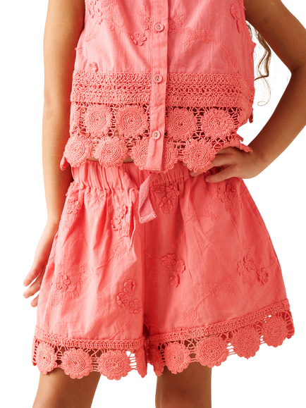 Angel & Rocket Kids' Mila Cotton Embroidered Crochet Shorts, Pink, Pink