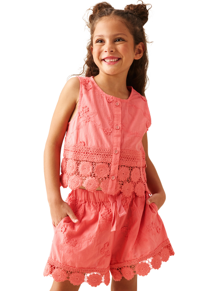 Angel & Rocket Kids' Mila Cotton Embroidered Crochet Shorts, Pink - view 2, Pink