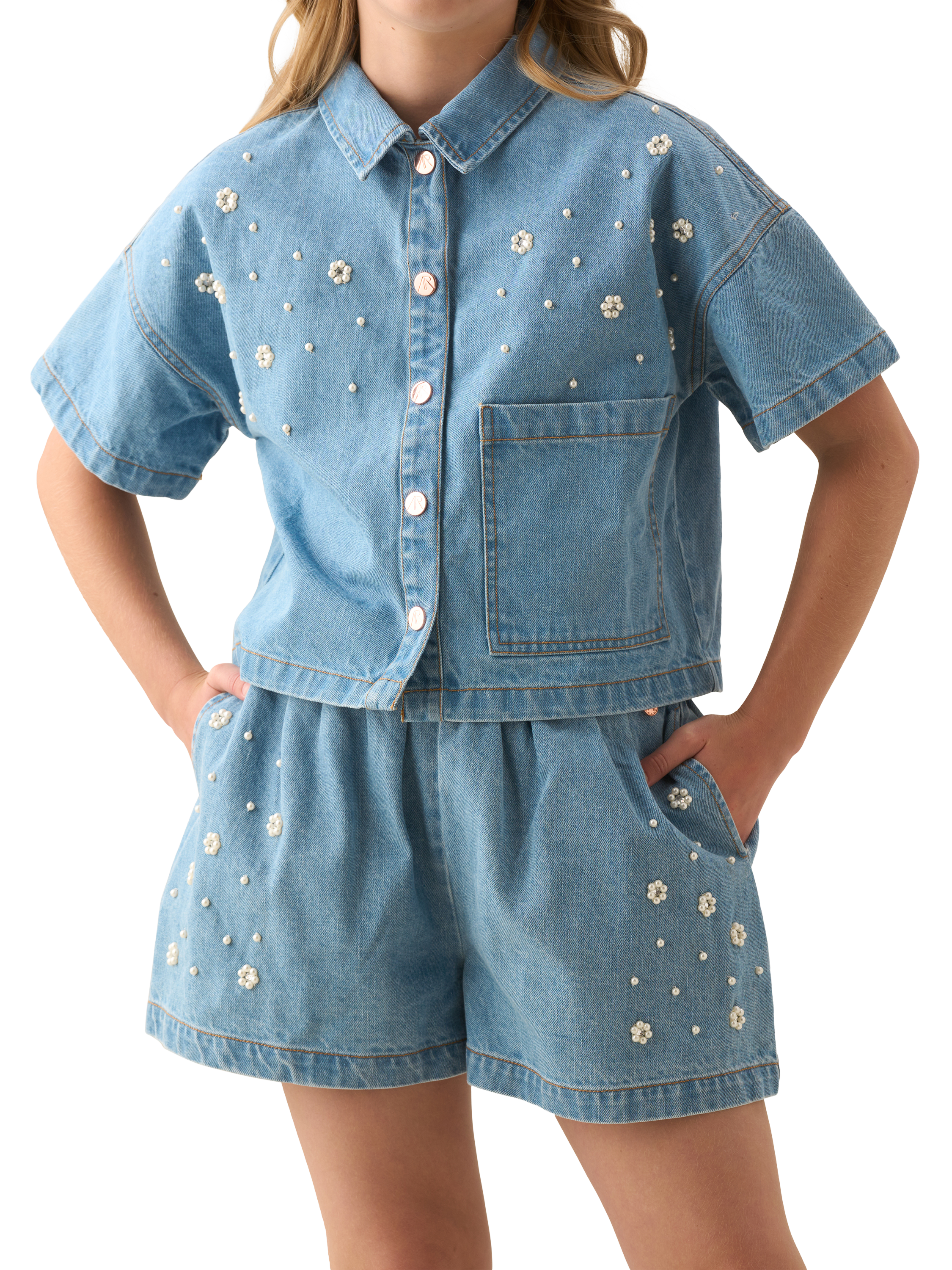 Product image 1 of 6, which shows Angel & Rocket Kids' Embroidered Denim Shorts, Blue, 6 years