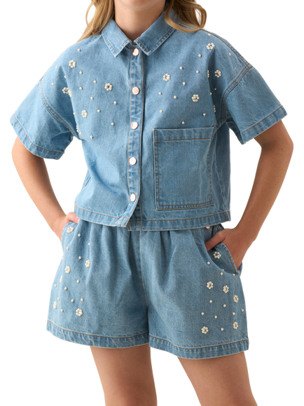 Angel & Rocket Kids' Embroidered Denim Shorts, Blue, Blue