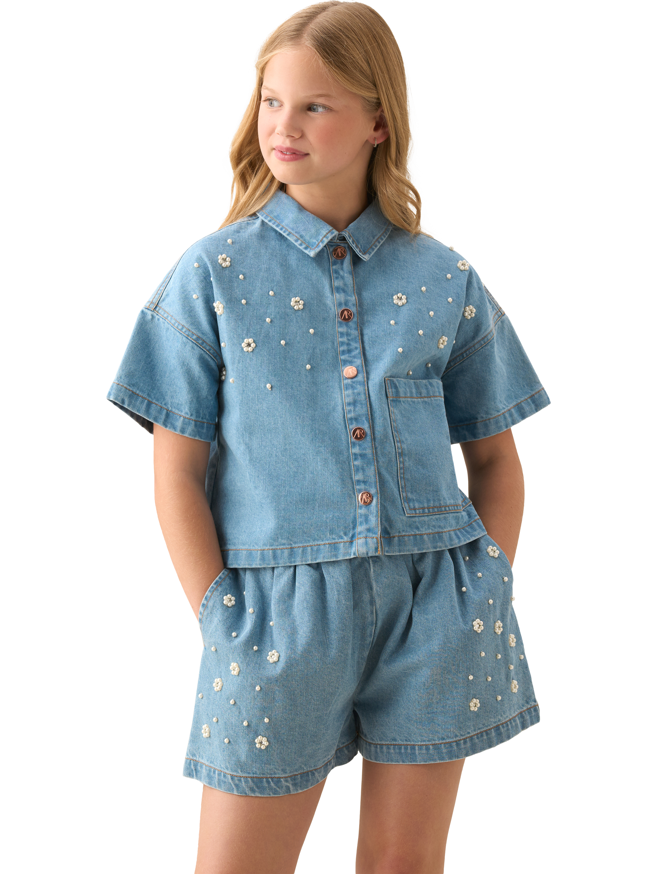 Product image 2 of 6, which shows Angel & Rocket Kids' Embroidered Denim Shorts, Blue, 6 years