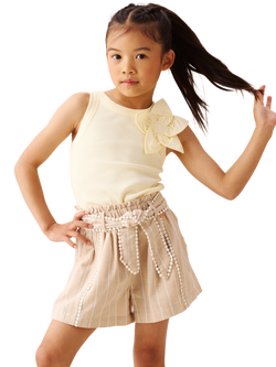 Angel & Rocket Kids' Stripe Linen Pom Pom Trim Shorts, Beige/White - view 2, Beige/White