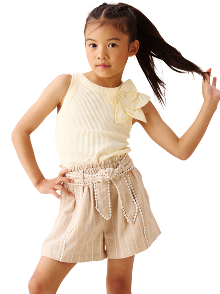 Angel & Rocket Kids' Stripe Linen Pom Pom Trim Shorts, Beige/White - view 2, Beige/White