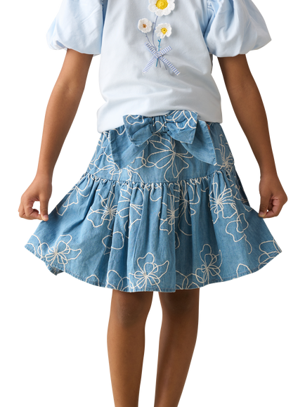 Angel & Rocket Kids' Embroidered Denim Bow Skirt, Blue, Blue