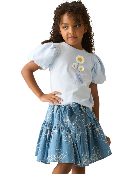 Angel & Rocket Kids' Embroidered Denim Bow Skirt, Blue - view 2, Blue