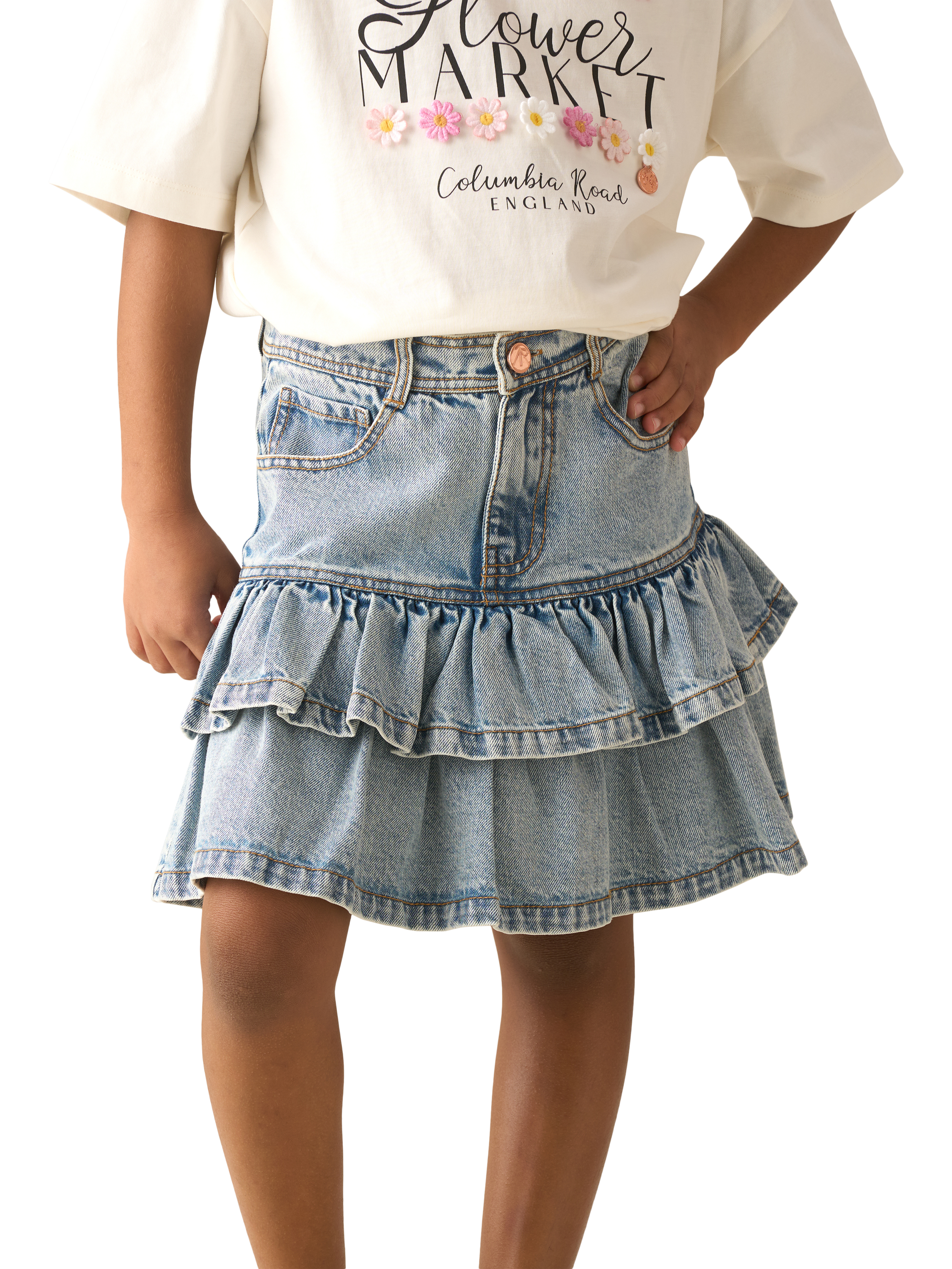 Product image 1 of 7, which shows Angel & Rocket Kids' Rara Denim Mini Skirt, Blue, 3 years
