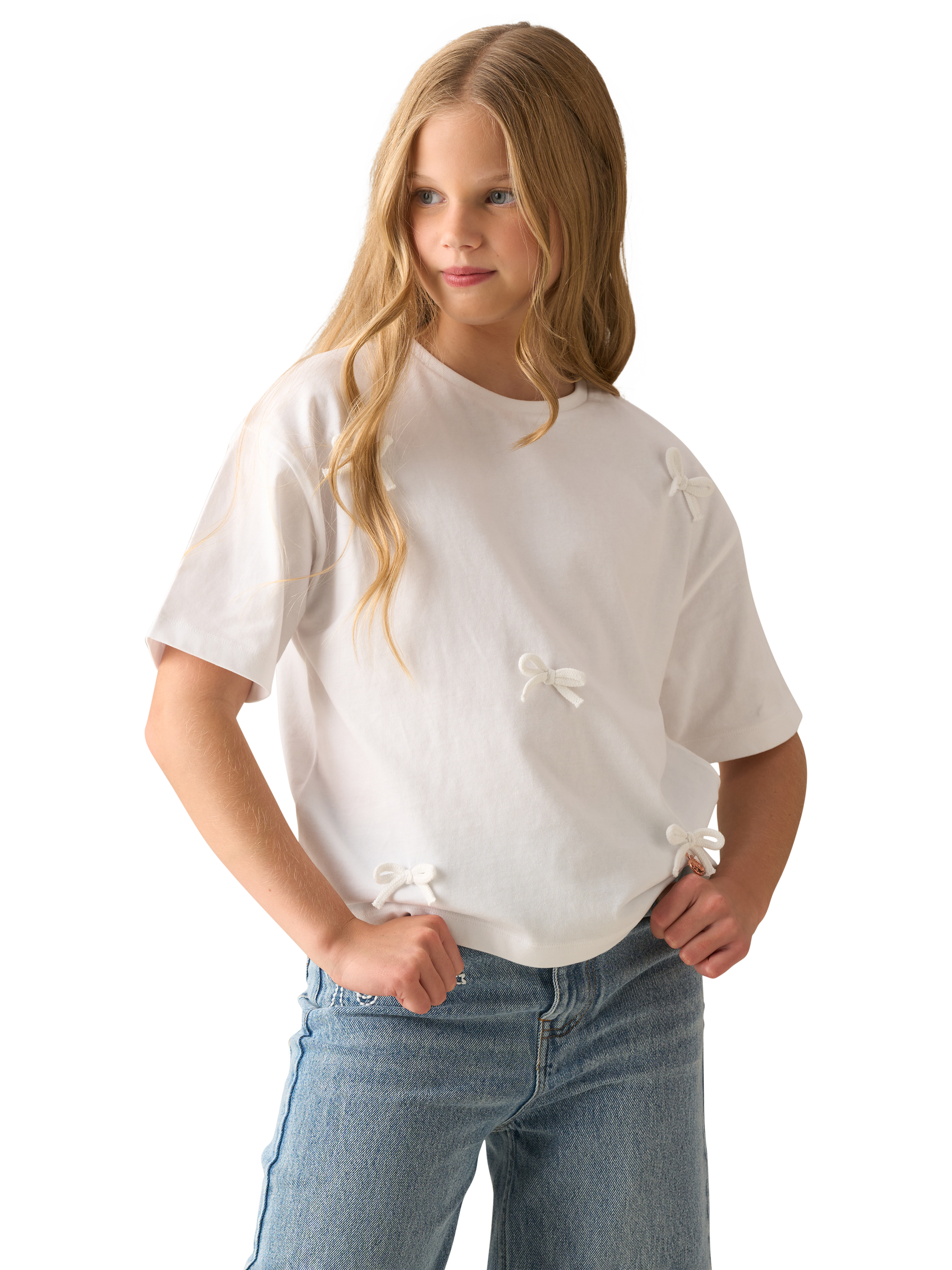 Product image 1 of 7, which shows Angel & Rocket Kids' Cotton Bow T-Shirt, White, 3-4 years