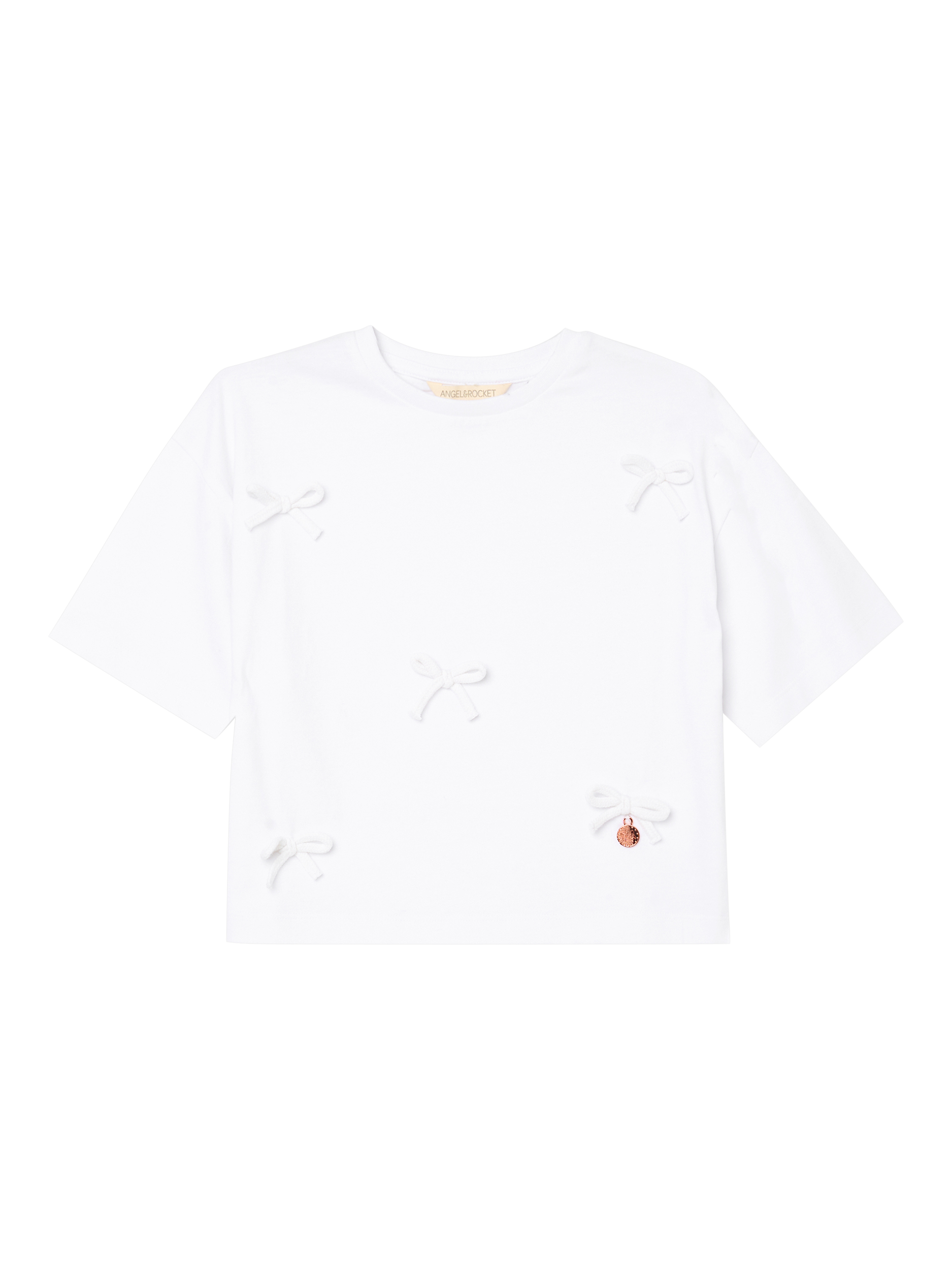 Product image 5 of 7, which shows Angel & Rocket Kids' Cotton Bow T-Shirt, White, 3-4 years
