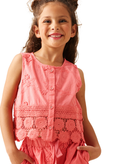 Angel & Rocket Kids' Mila Cotton Embroidered Crochet Top, Pink, Pink