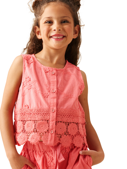 Angel & Rocket Kids' Mila Cotton Embroidered Crochet Top, Pink, Pink