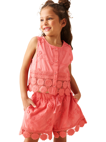 Angel & Rocket Kids' Mila Cotton Embroidered Crochet Top, Pink - view 2, Pink