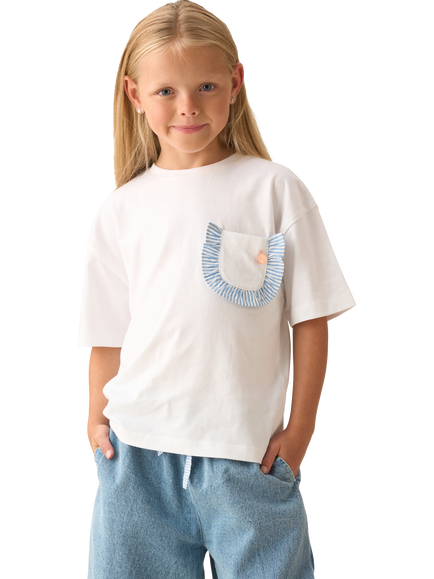 Angel & Rocket Kids' Cotton Frill Pocket T-Shirt, White, White