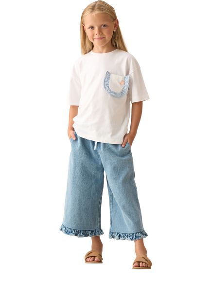 Angel & Rocket Kids' Cotton Frill Pocket T-Shirt, White - view 2, White