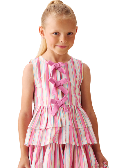 Angel & Rocket Kids' Stripe Tie Waistcoat Top, Pink/Multi, Pink/Multi