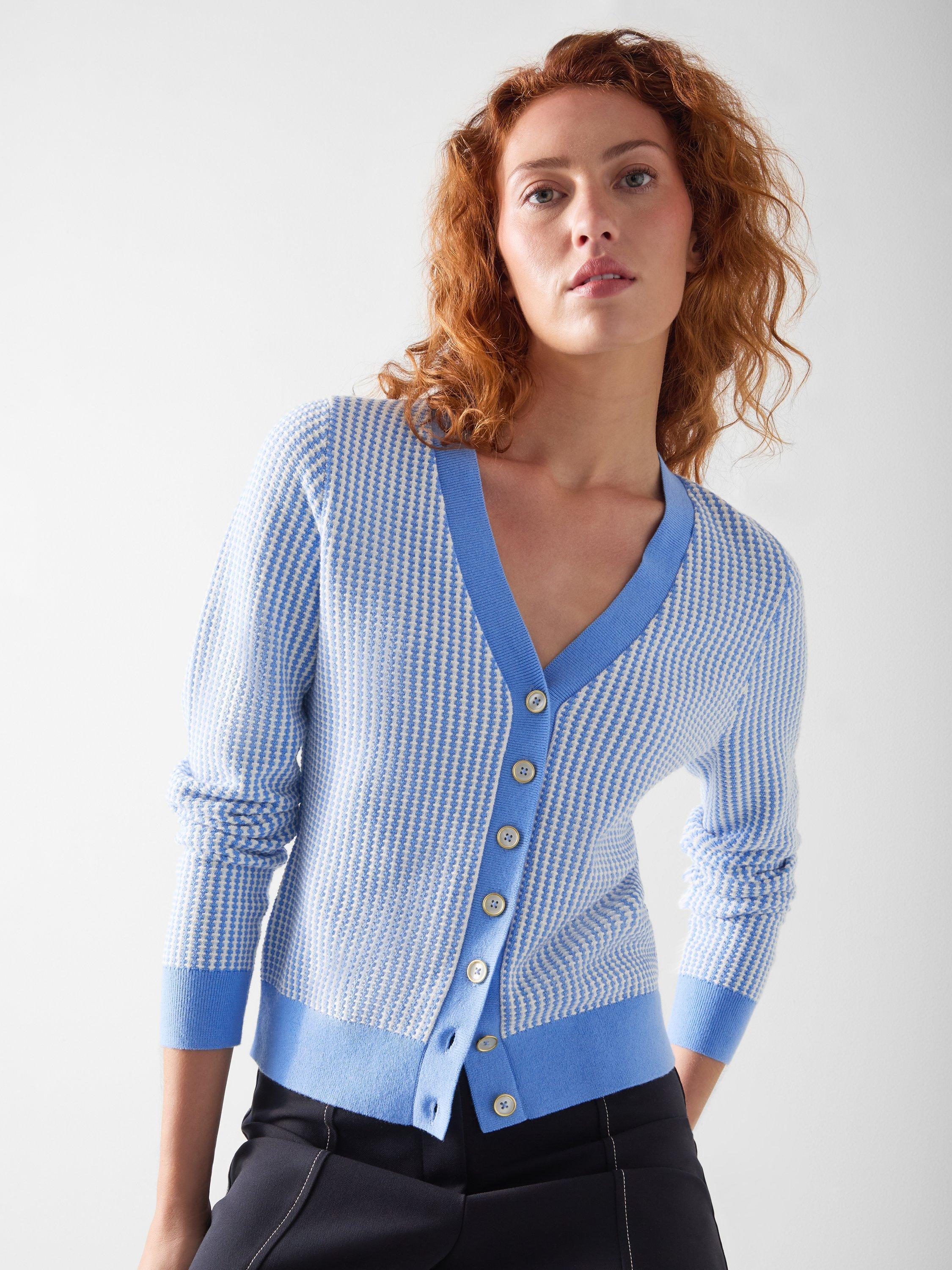 Product image 2 of 3, which shows L.K.Bennett Vella V-Neck Stitch Cardigan, Blue/Multi, XS
