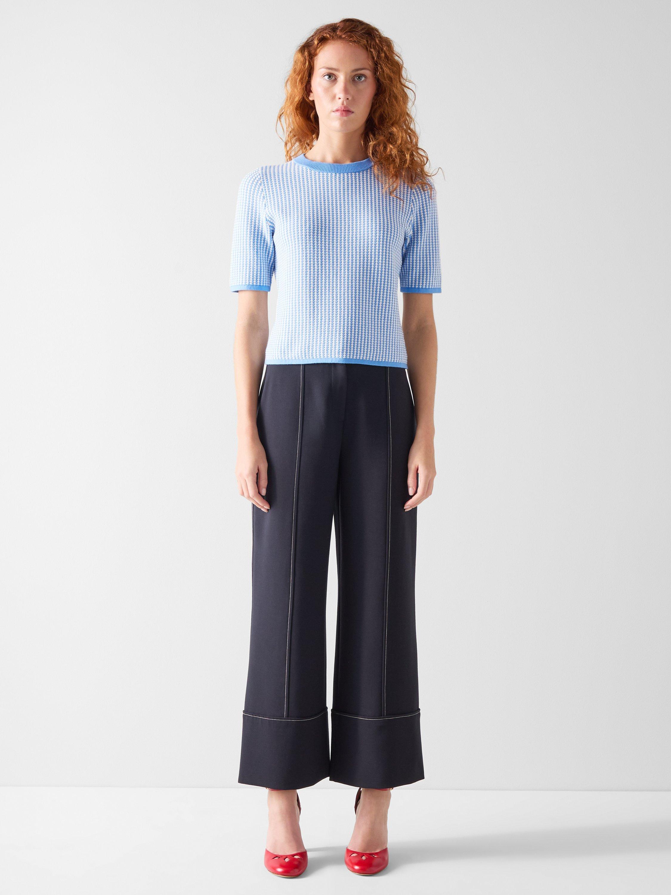 Product image 1 of 3, which shows L.K.Bennett Vella Textured Stitch Knit Top, Blue/White, XS