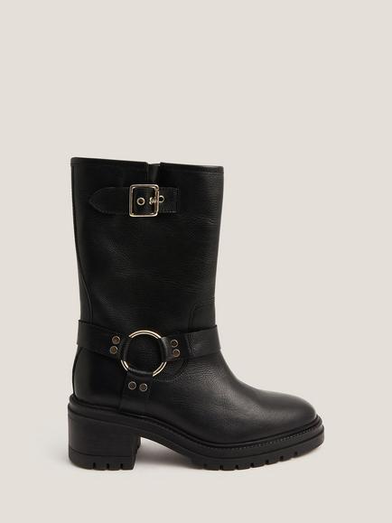 Monsoon Jade Leather Biker Boots, Black, Black