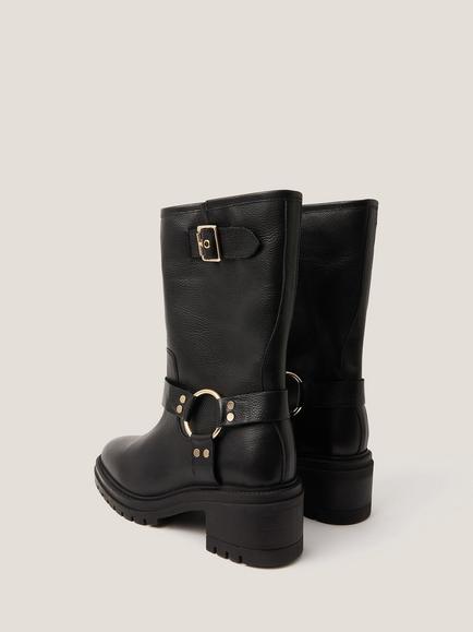 Monsoon Jade Leather Biker Boots, Black - view 2, Black