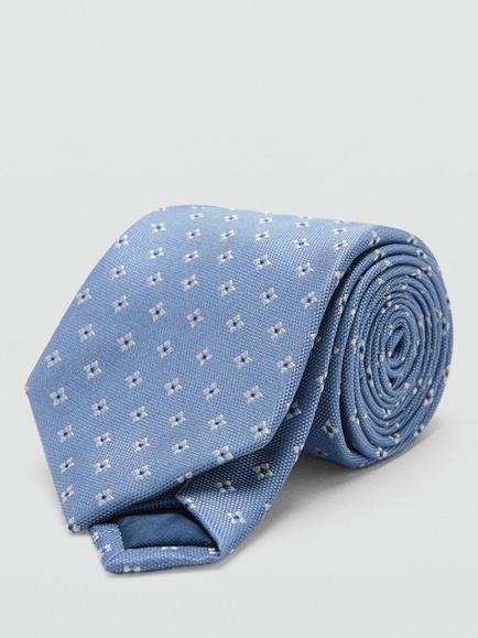 Mango Silk Blend Geometric Print Tie, Pastel Blue - view 2, Pastel Blue