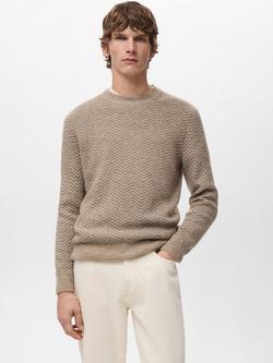 Mango Herringbone Knit Jumper with Wool, Light Beige, Light Beige