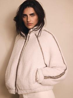 Mint Velvet Whipstitch Detail Borg Jacket, White Ivory - view 2, White Ivory