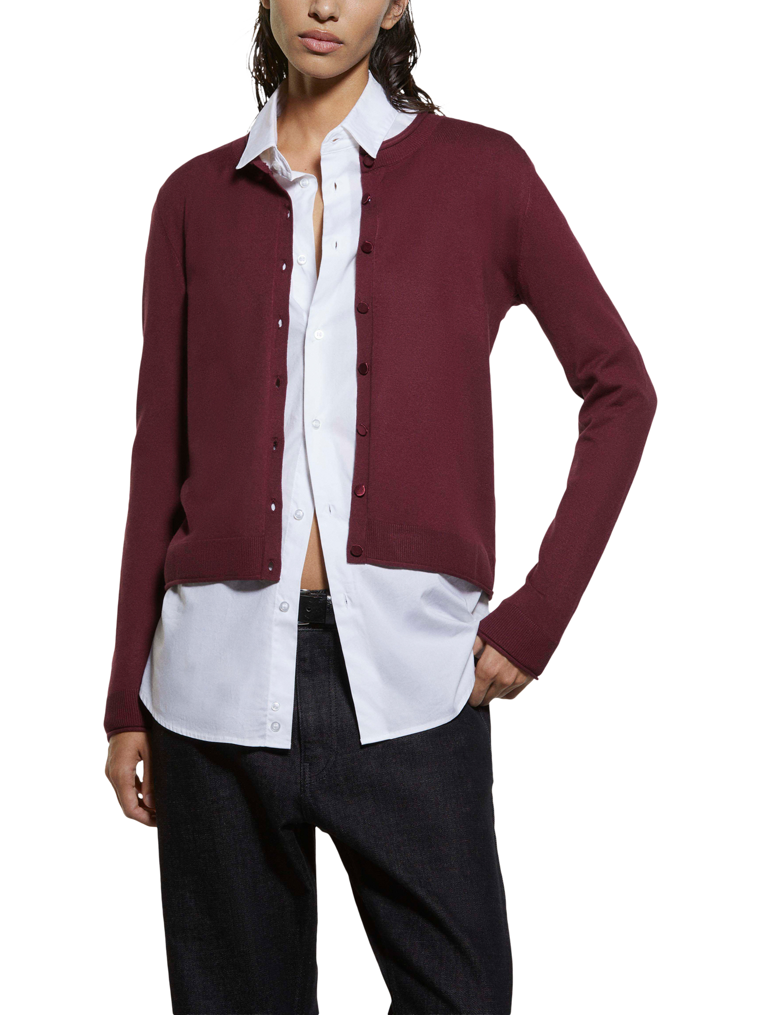 Product image 1 of 5, which shows SISLEY Crew Neck Long Sleeve Cardigan, Bordeaux, L