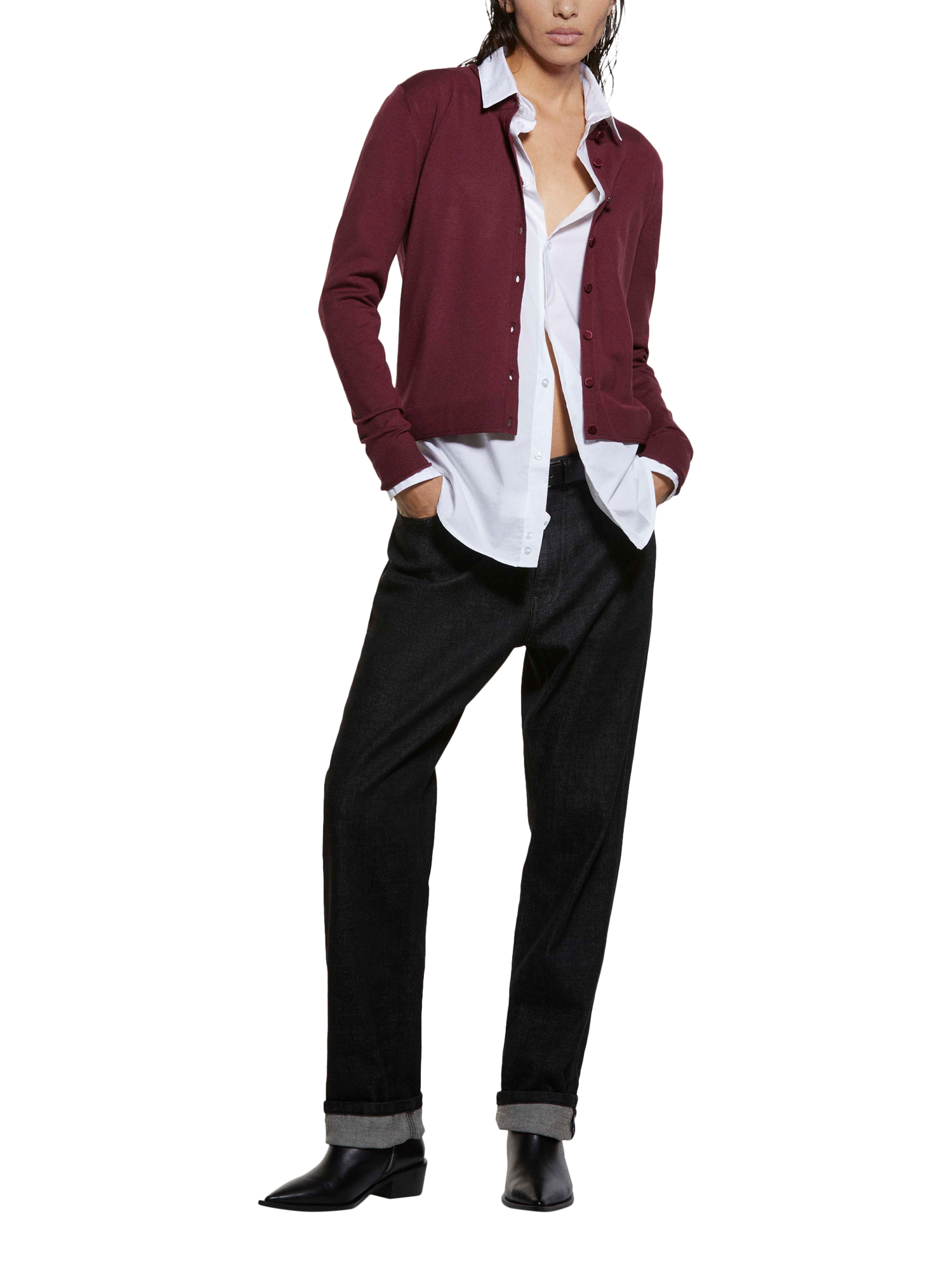 Product image 3 of 5, which shows SISLEY Crew Neck Long Sleeve Cardigan, Bordeaux, L