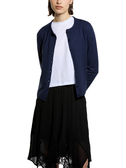 SISLEY Crew Neck Long Sleeve Cardigan, Night Blue